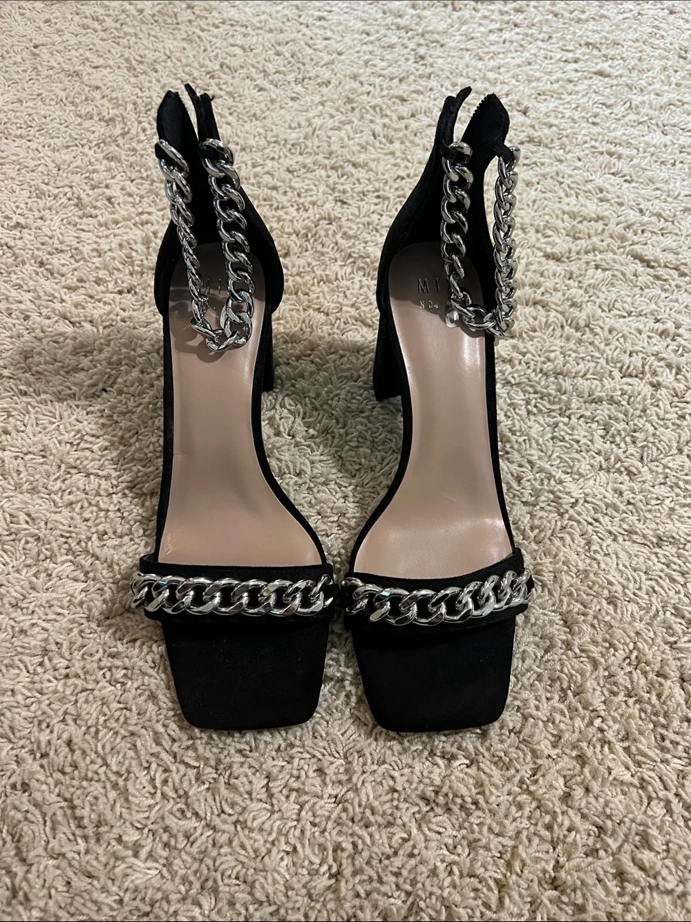 Mix No. 6 Black Block Heel Sandals with Silver Chain